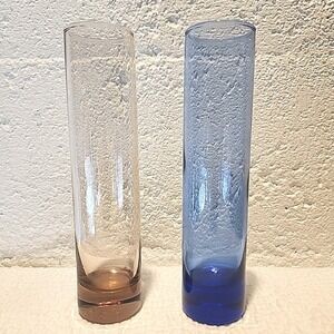 Set Of 2 Glass Bud Vases. Pink and  Blue. 7.5" Tall